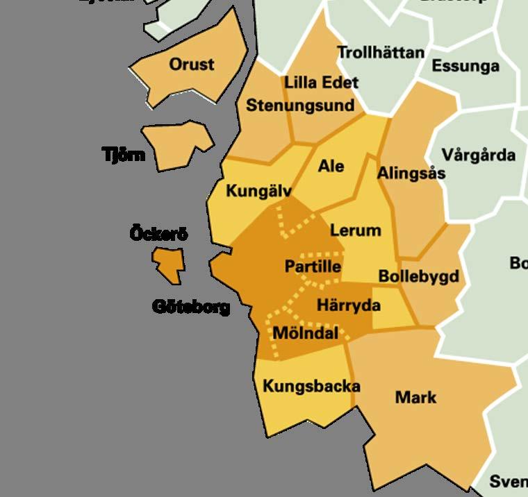 Figur 2 Urval av matrisvärden inom och runt Göteborg++-området För de färdbevis som grundas på en