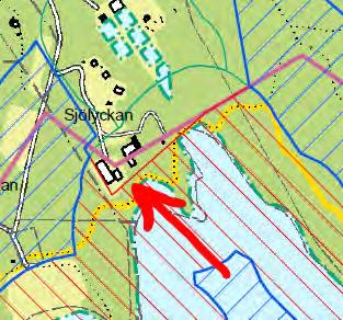Vid pilen i den här bilden går gränsen för det tidigare strandskyddet (rosa linje) längre från stranden än gränsen för det område som visar det generella strandskyddet (yta med
