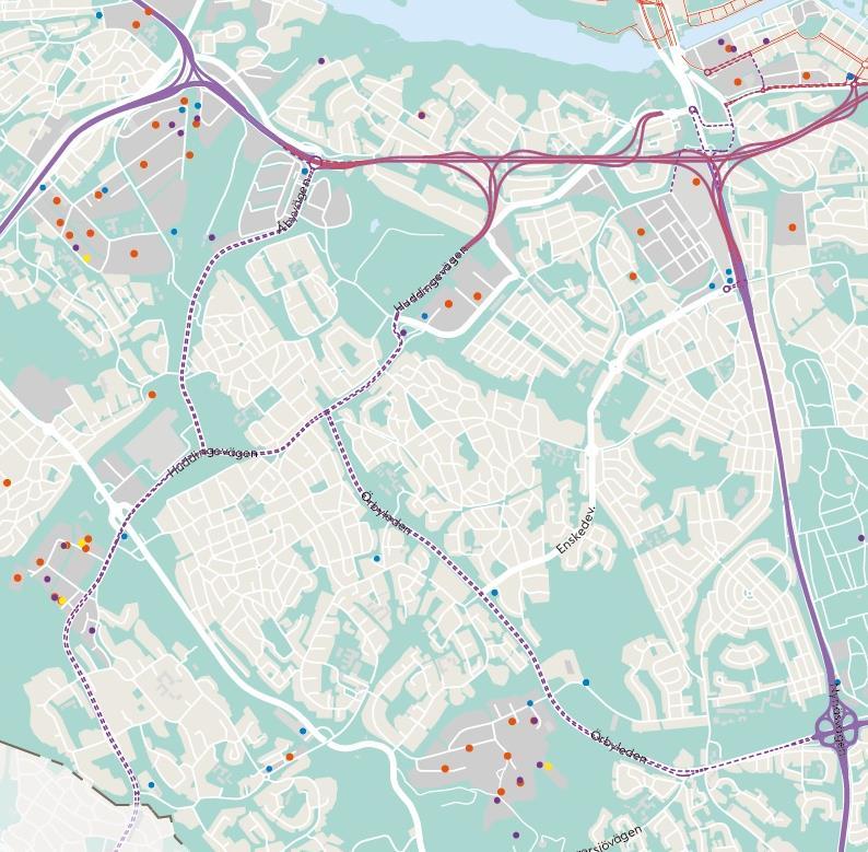 RUTTANALYS SÖDRA LÄNKEN Lokala avlämningsställen Av de ca 80 procent av passagerna som passerar mätpunkt 12 på Södra länken utan att passera någon av mätpunkterna 10, 11, 13, 14 eller 15 antas
