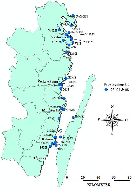 Figur 1: Lokalisering av provtagningspunkterna längs med