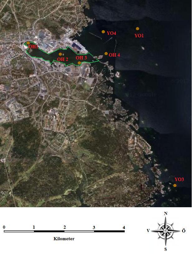 Figur 2: Lokalisering av sedimentfällorna från tabell 2 och 3, samt det planerade saneringsområdet som är inringat i grönt.