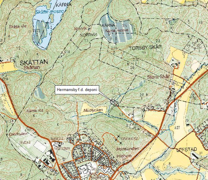 memo02.docx 2012-03-28 Hermansby deponi var i drift i drygt 10 år. Efter att deponin stängde officiellt stod den öppen, vilket möjliggjorde illegal tippning. Kärna Figur 1 Hermansby f.d. deponi ligger på fastigheten Kärna 67:1 norr om Kärna samhälle.