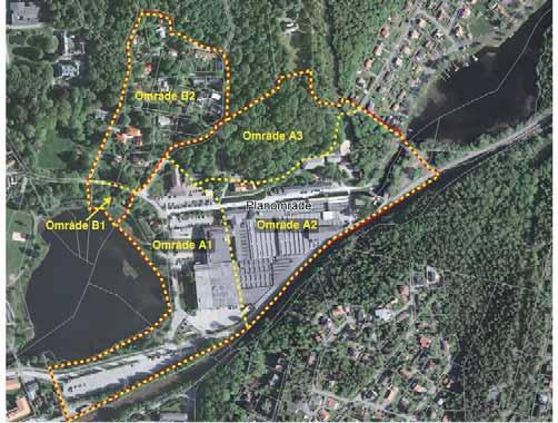 delats in i fem mindre delområden, namngivna A1, A2, A3, B1