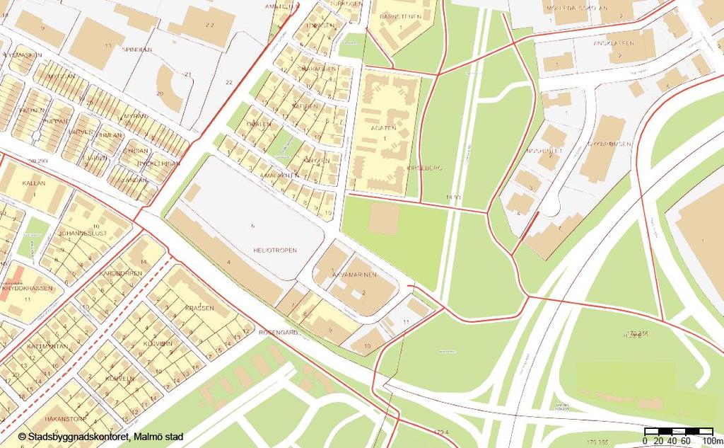 Befintliga utbyggda cykelvägar markerade med rött. Angöring till planområdet för biltrafik sker från Johanneslustgatan via Genarpsgatan.