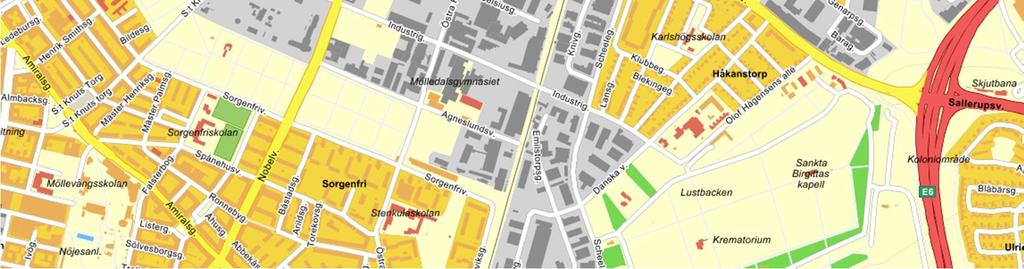 Översiktskarta där undersökningsområdet är markerat med en röd cirkel. Detaljplaneområdet upptar en yta på ca 16 000 m 2 varav ca 9 000 m 2 omfattas av riskbedömningen, se figur 2.