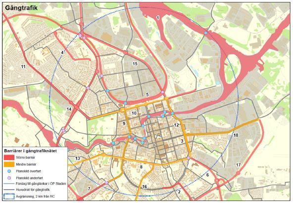 18 (30) Figur 13. Barriärer för gående. Analysen har visat på behov av nya planskildheter för gångtrafiken.