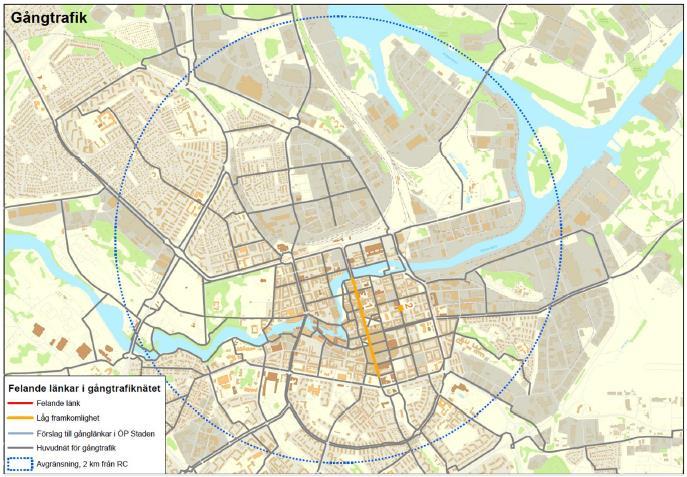 19 (30) Begränsningar i framkomlighet/tillgänglighet Brister i framkomlighet för fotgängare har identifierats och presenteras i Figur 15 nedan.