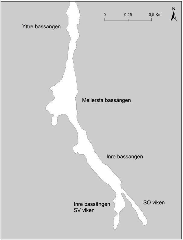 Resultat Beskrivning av undersökningsområdet Den långsmala viken Skarpösundet består av tre bassänger avgränsade med grunda trösklar. Den yttersta tröskeln i vikens mynning är 5,2 m djup.