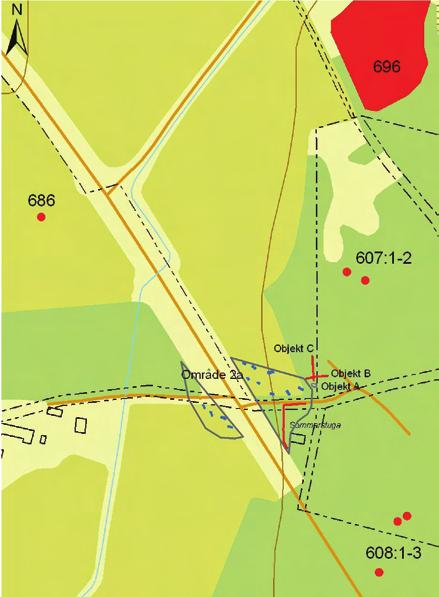 Tabell 1. Fornlämningarna i närheten av område 1 Fornlämning, RAÄ nr Typ 642 En rund stensättning, 7 meter stor 662 En rund stensättning, 9 meter stor 727 Stensträng Figur 8.