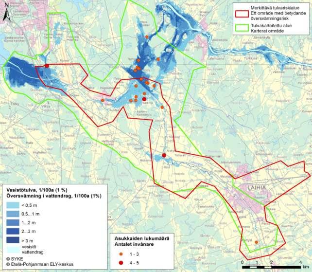 Bild 4. Regional fördelning av invånare samt antalet invånare i översvämnings vid översvämning i vattendrag vid sällsynt återkomsttid (1/100a).