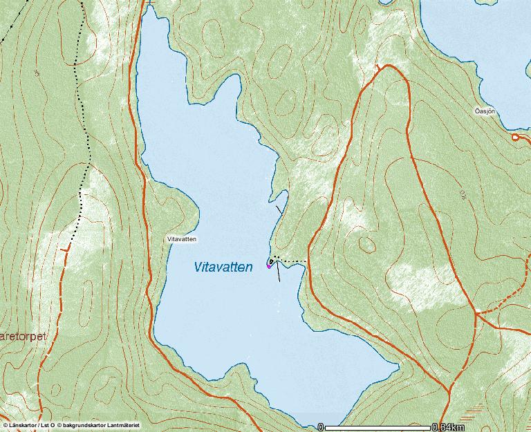Figur 3. Vitavatten (Baggeboda). Provtagningsområden markerade: djupaste profundalprover i svart, sublitoral i grått och litoralprover i grönt. Karta från www.lst.se. Horsasjön (fig.