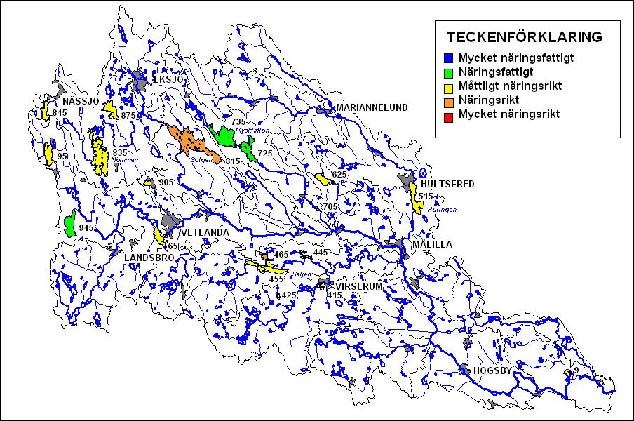 Emåns Vattenförbund 2004 Figur 6. Karta över de undersökta sjöarna med bedömning av näringstillståndet utfrån de planktiska algerna i Emåns vattensystem samt 2004.