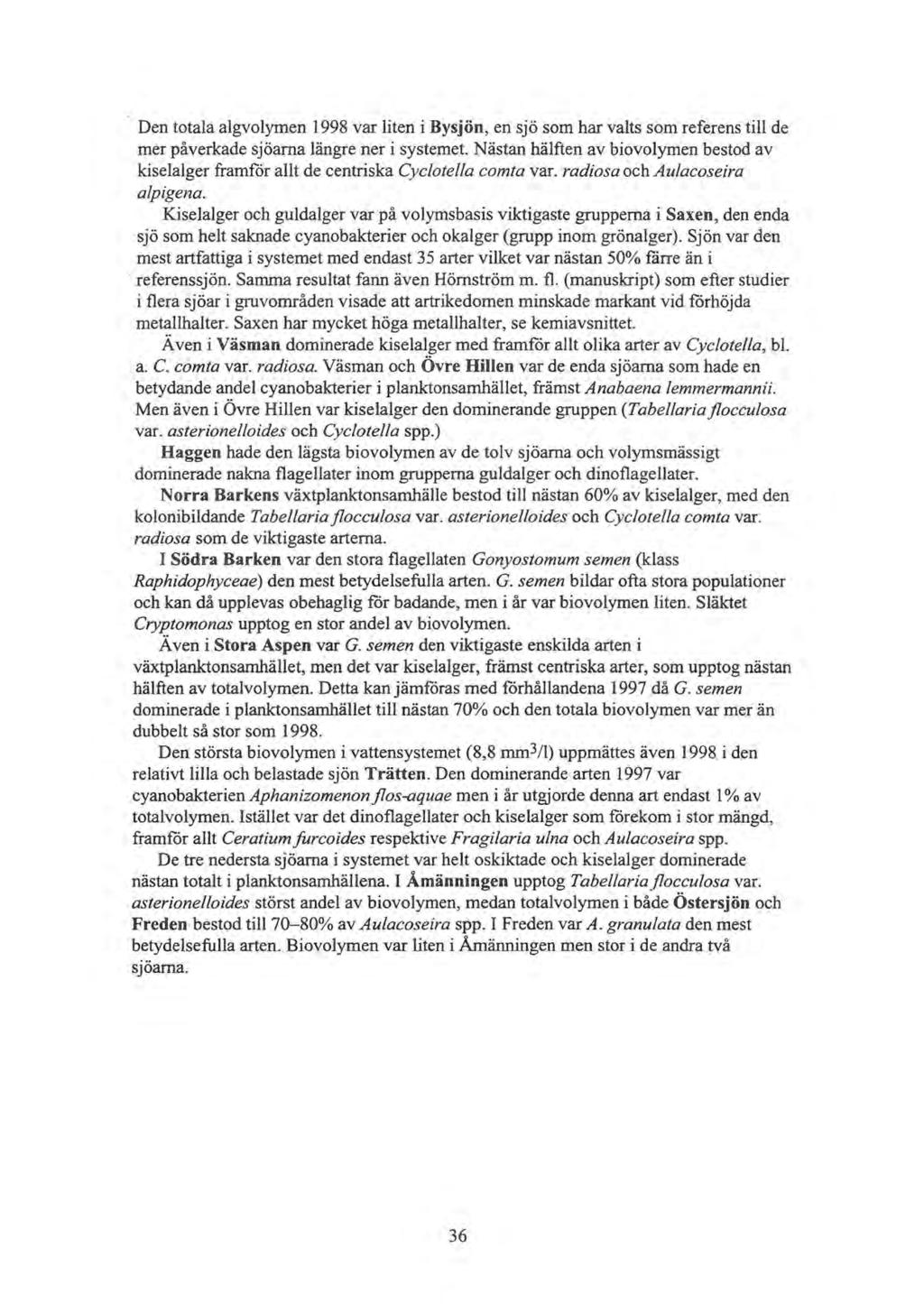 Den totala algvolymen 1998 var liten i Bysjön, en sjö som har valts som referens till de mer påverkade sjöarna längre ner i systemet.