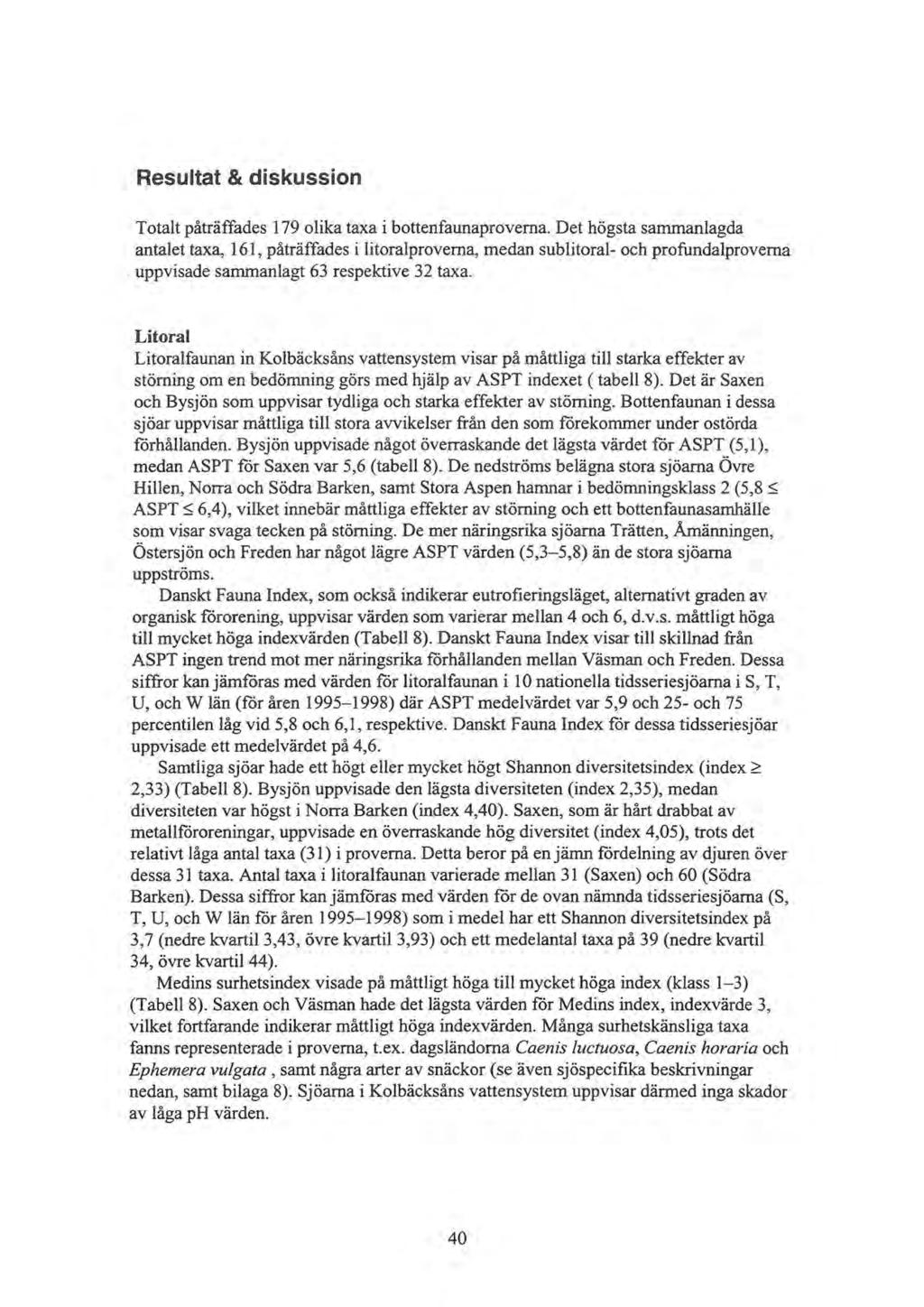 Resultat & diskussion Totalt påträffades 179 olika taxa i bottenfaunaproverna. Det högsta sammanlagda antalet taxa, 161, påträffades i litoralproverna, medan sublitoral- och profundalproverna.