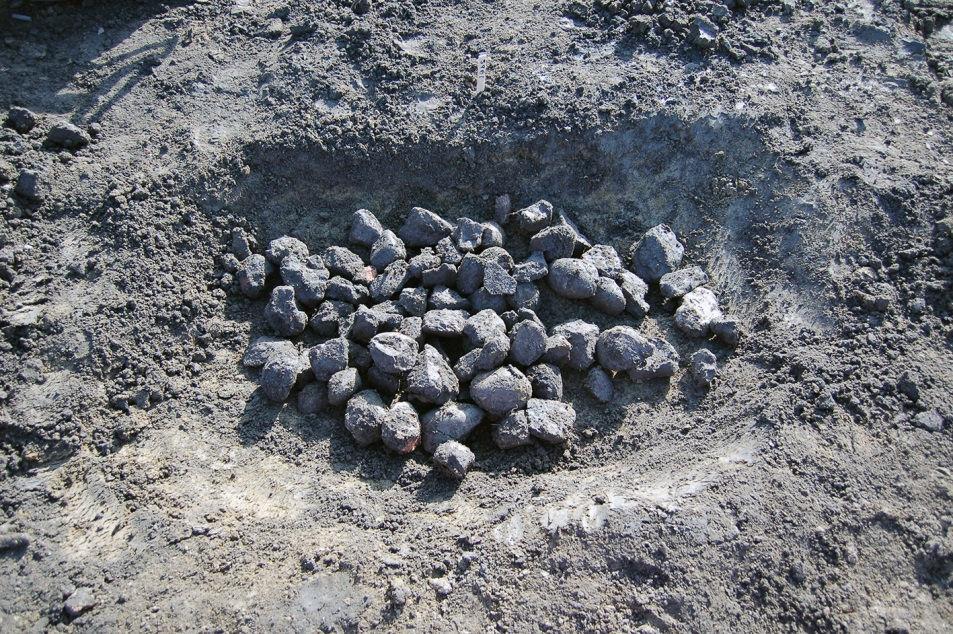 Fig. 14. Den ben- och stenfyllda gropen 3961. derlaget som bestod av gulgrå moränlera. I anläggningen påträffades ben, ett flintavslag med retusch, bränd flinta samt en keramikbit.