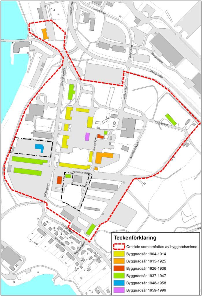 Visualisering av tillkomstår för de 23 byggnader som fått skyddsföreskrifter i byggnadsminnesförklaringen redovisas i figur 5 för att ge en större förståelse för områdets uppbyggnad. Figur 6.