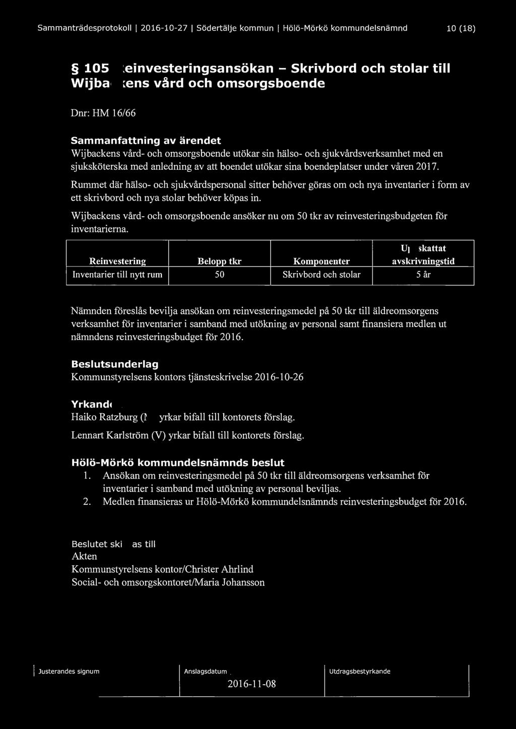 Sammanträdesprotokoll l 2016-10-27 l Södertälje kommun l Hölö-Mörkö kommundelsnämnd 10 (18) 105 Reinvesteringsansökan - Skrivbord och stolar till Wijbackens vård och omsorgsboende Dnr: HM 16/66