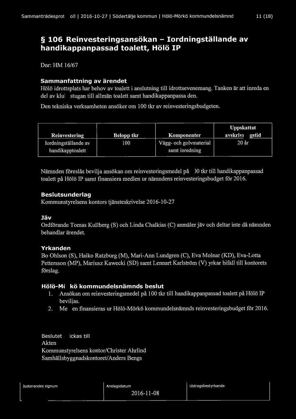Sammanträdesprotokoll l 2016-10-27 l Södertälje kommun l Hölö-Mörkö kommundelsnämnd 11 (18) 106 Reinvesteringsansökan - Iordningställande av handikappanpassad toalett, Hölö IP Dnr: HM 16/67