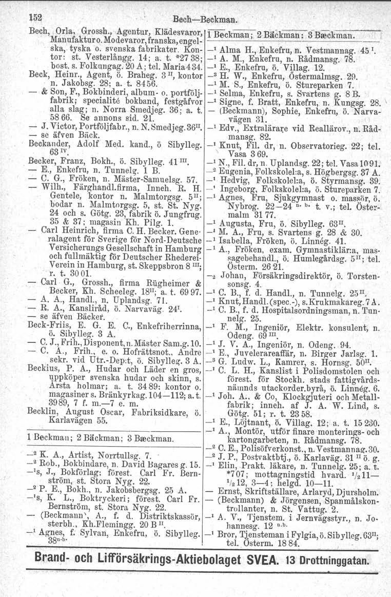 152 BeoheBeckmaa. Bech, Orla, Grossh.,.Agentur, Klädesvaror, Manufakturo. Modevaror, franska.engel] 1 Beckman; 2 Bäckman : 3BälCkman. ", ska,. tyska '0. svenska fabrikater. Kon _1 Alma H., Enkefru, n.