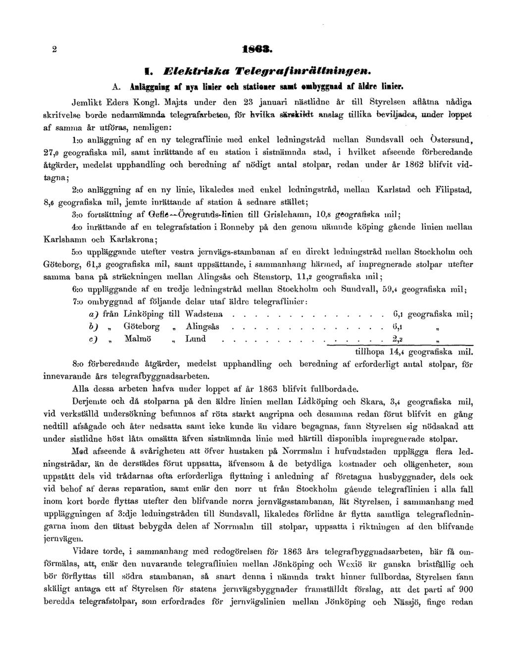 2 1863. I. Elektriska Telegrafinrättningen. A. Anläggning af nya linier och stationer samt ombyggnad af äldre linier. Jemlikt Eders Kongl.