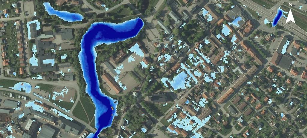 Figuren visar var vatten blir stående med minst 10 cm djup vid ett 100-årsregn och 60 min varaktighet. Föroreningar Området ingår i verksamhetsområde för dagvatten.