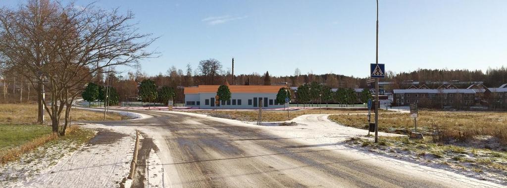 Illustration genom fotomontage av nollalternativ med uppförande av förskolebyggnad enligt gällande detaljplan (övre bilden) jämfört med