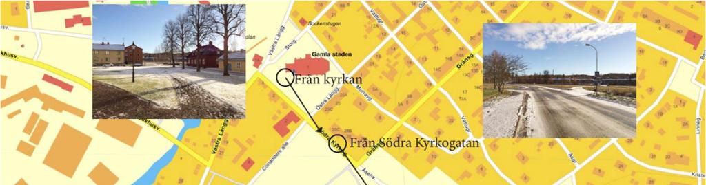 Vy från Södra Kyrkogatan i riktning mot planområdet med bostäderna vid Falkgränd (till höger i bilderna) och korsningen Åsenvägen/Södra