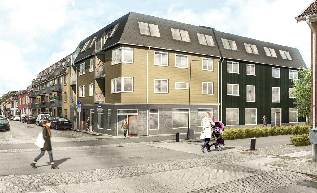 Exteriört ÅLMAARE blir ett stilfullt och modernt bostadshus som smälter in i Varbergs mysiga stadskärna.