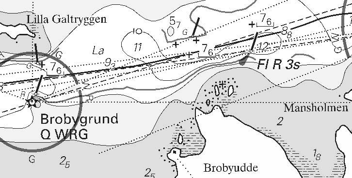 Positions: 59-27,34N 16-21,93E Insert: depth 7,5 m at position. Sjöfartsverket Norrköping. 2003-0314/10975 Sjökort/Chart: 1131 1068 Sverige. Mälaren. Mälarleden. Brobygrund - Småholm.