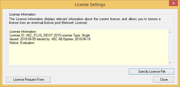 2.1.1.2 Utvärderingslicens License Information Är AEC PLUS licensierad visas aktuell information om licensen.