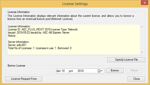 2.1.1.4 Nätverkslicens License Information Är AEC PLUS licensierad visas aktuell information om licensen.