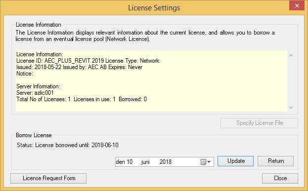 Vid lån uppdateras licensinformationen serverinformation döljs och information om hur länge licensen är lånad visas istället. 2.1.1.4.2 Uppdatera licens Välj Update för att förlänga lånet av licens.