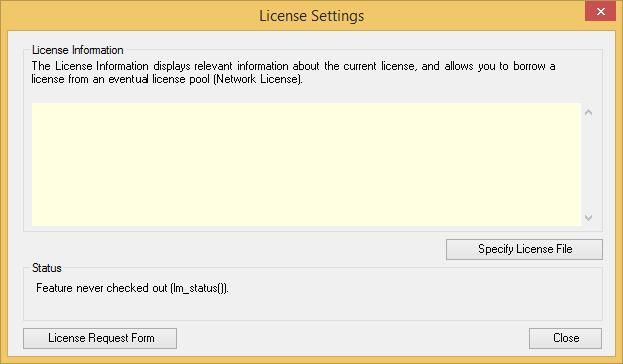 2.1.1 License Settings Välj funktionen License Settings för att hantera information om aktuell licens. 2.1.1.1 Ej licensierad License Information Är AEC PLUS inte licensierad saknas licensinformation i dialogen.