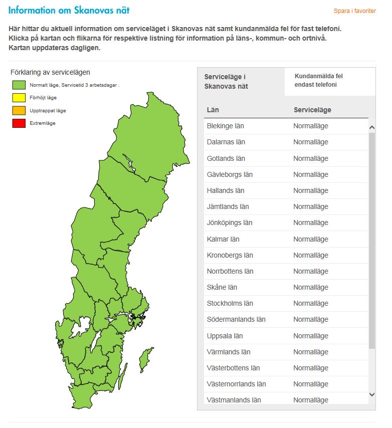 Normalt serviceläge erbjuder singelservice Se dagsaktuellt serviceläge på www.skanova.