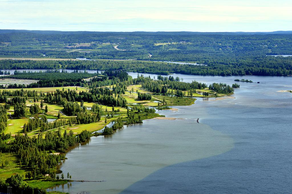 Vy över golfbanan och Indalsälvens utlopp i havet.