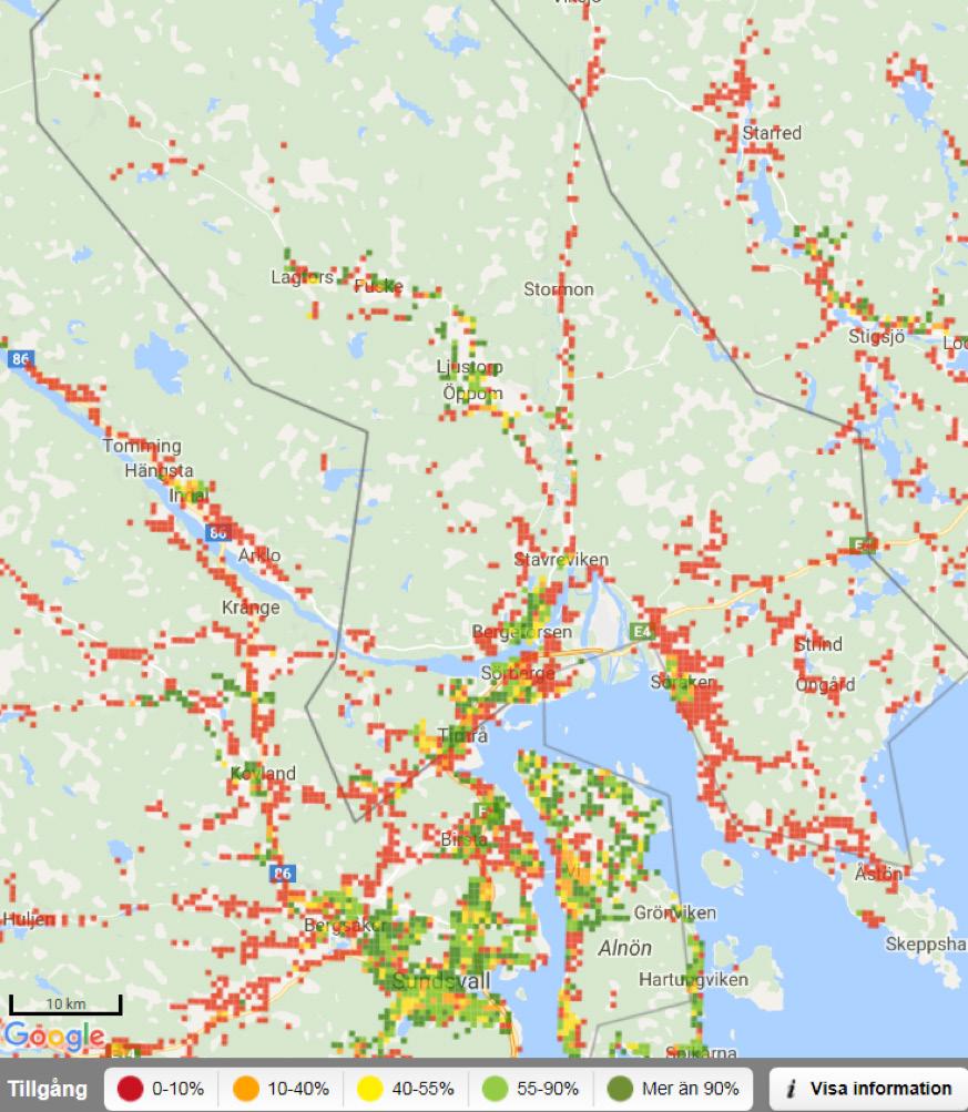 Andel hushåll och företag med tillgång till bredband om minst 100 MBit/s. På kartan nedan redovisas var utbyggnad av det ortssammanbindande nätet enligt projekt Dig 2020 planeras.