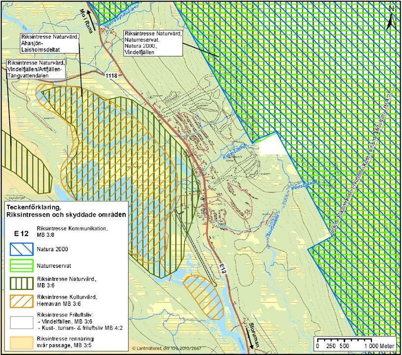 Figur 4.5.1 Karta riksintressen och skyddade områden. Utdrag ur förstudie Väg E12, Tätortsupprustning genom Hemavan. 4.5.2. Naturmiljö Vindelfjällsområdet har mycket stora naturvärden.