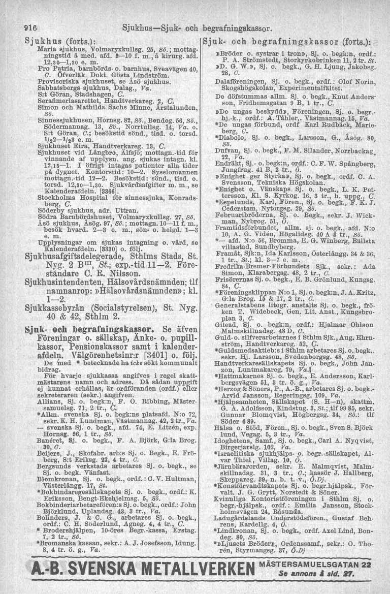 915 Sjukhus-Sjuk- Pr~. PÖ~:;'I::nJ'::tsG0cis~:~U:~t~~::vägen 40, Provisoriska sjukhuset, se ÅSö sjukhus. Sabbatsbergs sjukhus, Dalag., Va. S:t Göran, Stadshagen, C. Serafimerlasarettet, Handtverkareg.