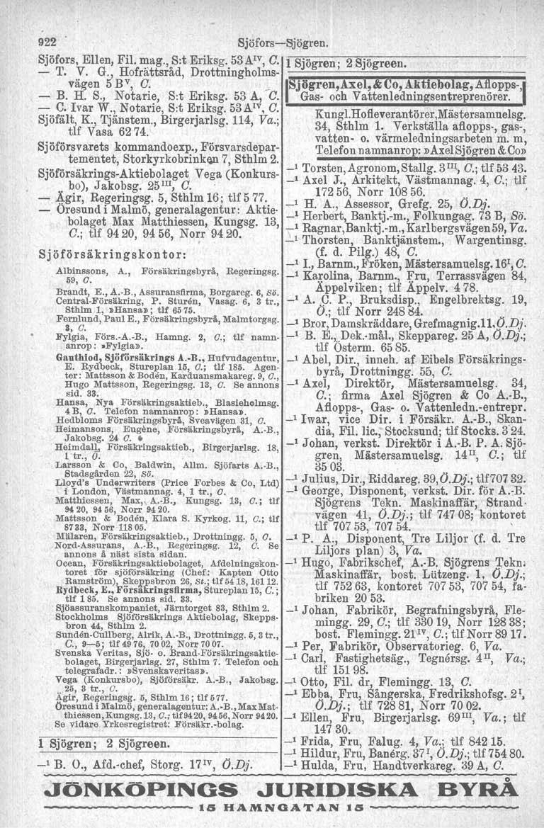922 Sjöfors-e-Sjögren, Sjöfors, Ellen, Fil. mag., S:t Eriksg. 53 AIV,O. 1 Sjögren' 2 Sjögreen. - T. V. G., Hofrättsråd, Drottningholms-.;;;;;;;;;;;;;;;;;' ;;;;;~~;p;~~~~;;;;;;;;~p;=~ vägen 5 BV, O.