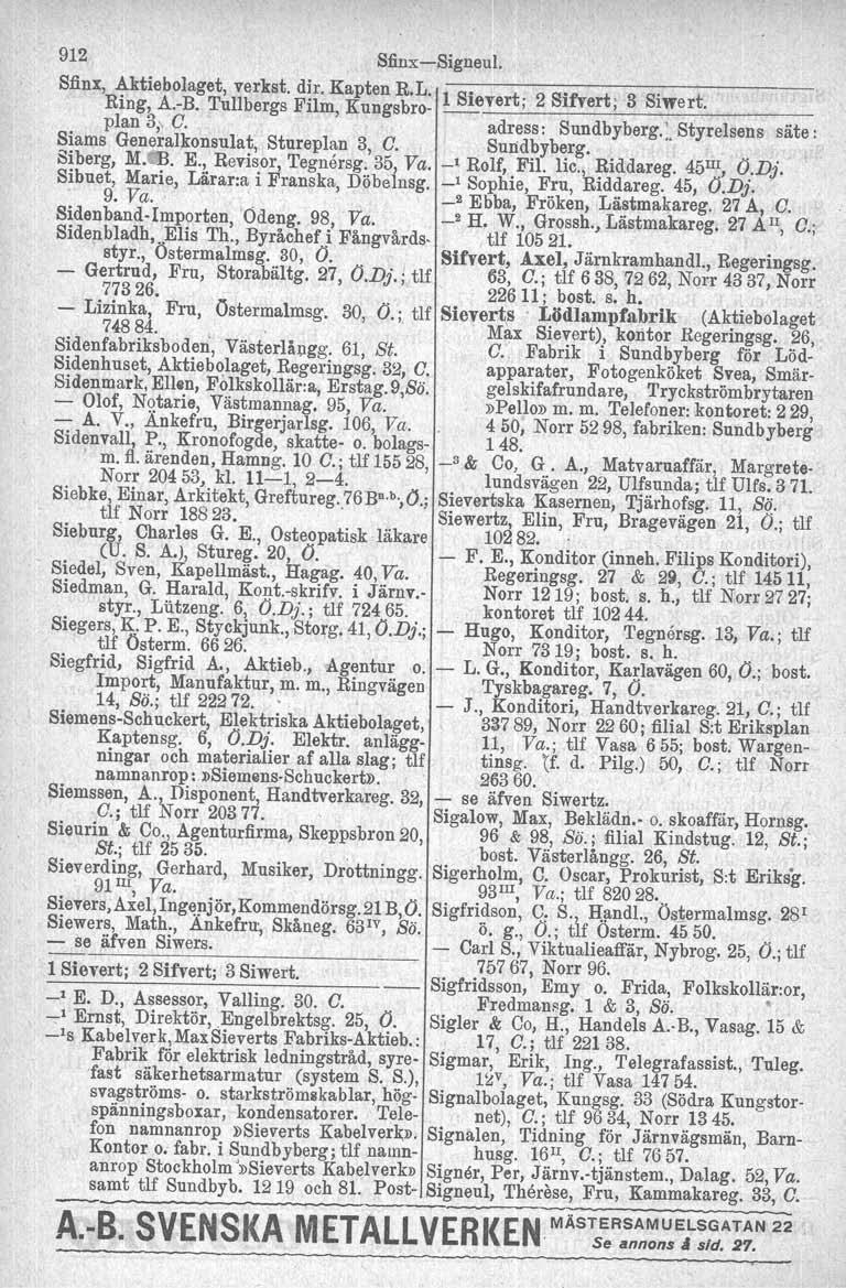 912 Sfinx-Signeu!. Sfinx, ~ktiebolaget, verkst. d!r. Kapten R.L. 1 Sie ert. 2 Sifvert. 3 Siwert. RIng, A.-B. Tullbergs FIlm, Kungsbro- Y,, _. plan 3,\ C. adress: 