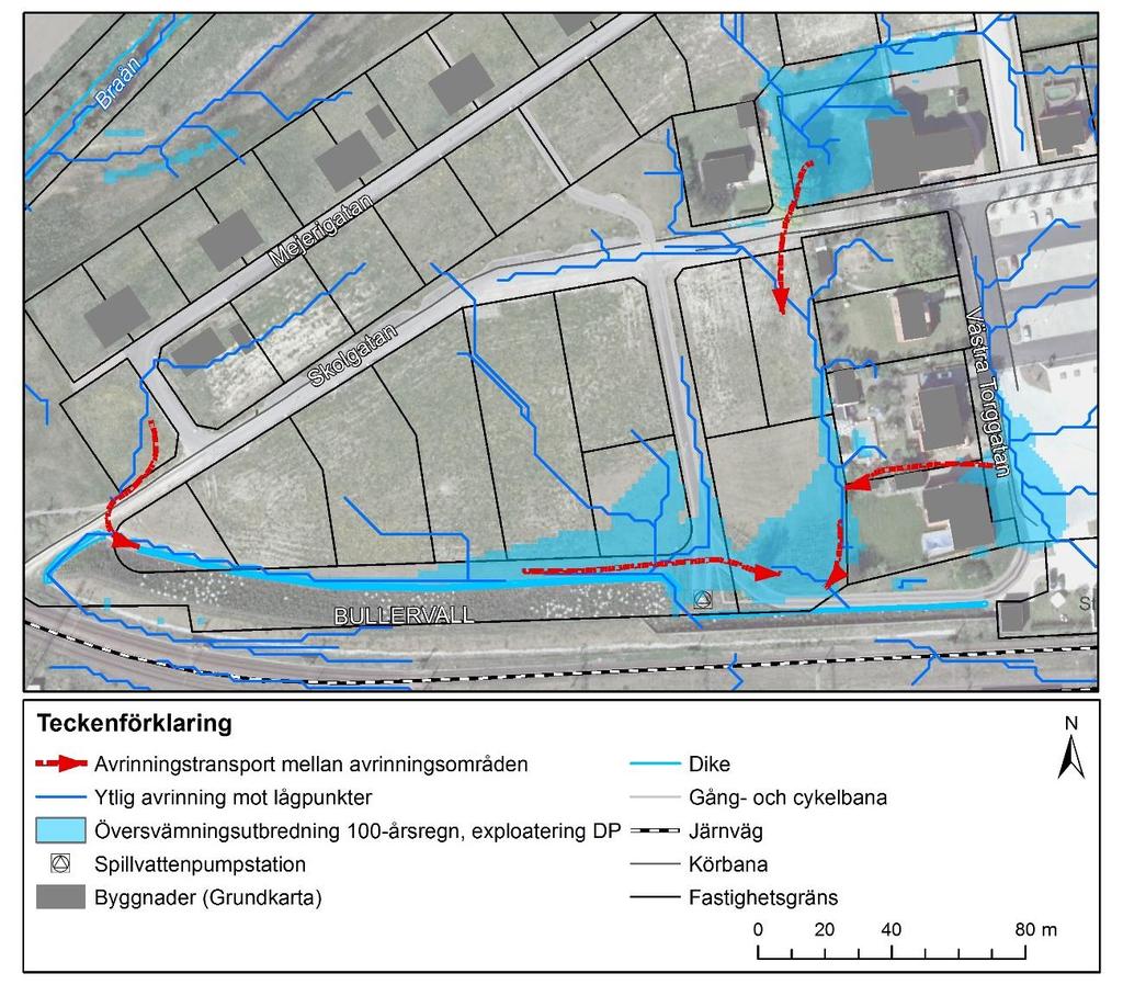 Figur 30. Översiktlig bedömning av översvämningsområde med framtida höjdsättning och dagvattenhantering enligt alternativ 3A 9.