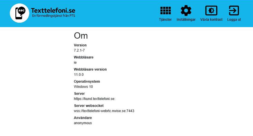 OM Längst ner på sidan Textinställningar finns en blåmarkerad text där det står Om.