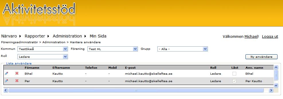 2 Hantera användare Administration Hantera användare under detta val visas de användare som är inlagda i Aktivitetsstöd.
