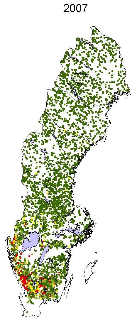 Figur 6. Antropogent försurade sjöar, modellerat med MAGIC-modellen för året 2007.