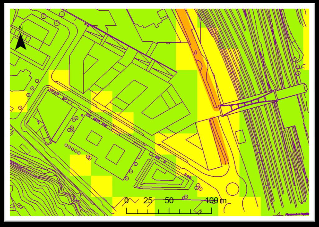 Resultat PM10-halter för utbyggnadsalternativet år 2020 Figur 3 visar beräknad medelhalt av partiklar, PM10, under det 36:e värsta dygnet för utbyggnadsalternativet år 2020.