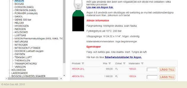 Överst ges en allmän information om Argon med länkar bl. a. till Säkerhetsdatablad.