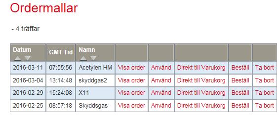 Du kan då beställa dessa snabbare och enklare. Klicka Beställ gas och välj Ordermallar.