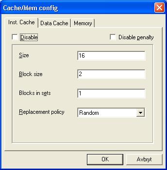 CPI, Cycles Per Instruction Här nedanför ser du simulatorns standardinställningar för I-cache och D-cache. Figur 7. Standardinställningarna för instruktions- och datacacheminnena i simulatorn.