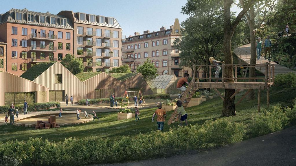 SPIRA SKANSTORGET Grönt och aktivt kvarter 6 Nya stigar och aktivitetsytor på Skansberget Vid foten av berget och längs torggatorna ligger förskolan tillsammans med nya entréer till Skansbergets