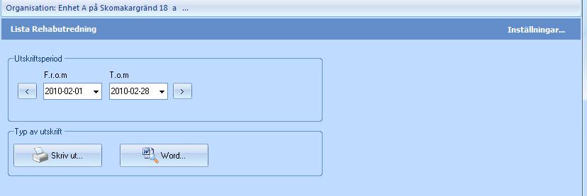 Exempel på utskrift Lista Rehabutredning Här kan du ta ut rapporter för personer som bygger på antalet frånvarotillfällen under en period, eller frånvaro som överstiger en viss